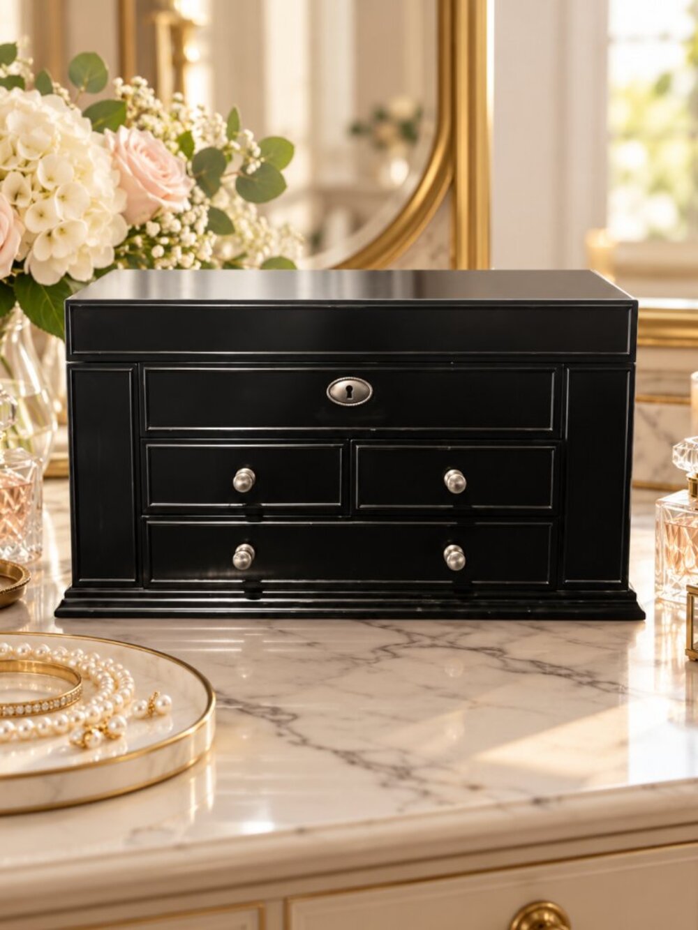 Vintage Black Lacquer Jewelry Box Velvet Lined Large Jewelry Chest